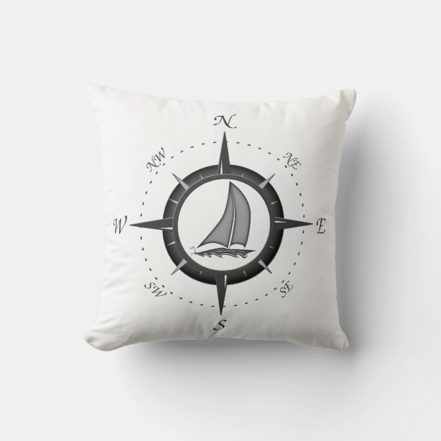 Sailboat And Compass Rose Throw Pillow (Front)