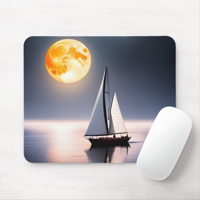 Sailboat and Full Moon Over Water Mouse Pad (With Mouse)