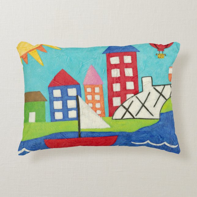 Sailboat and Hot Air Balloon with Cityscape Accent Pillow (Front)