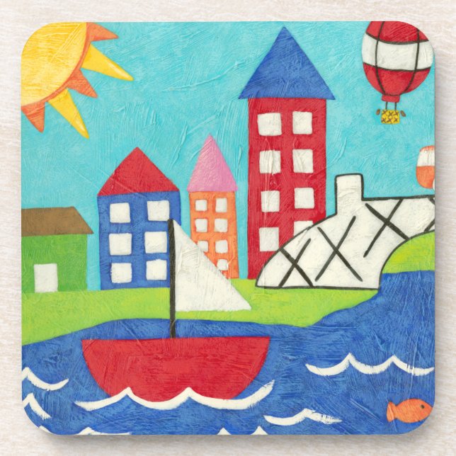 Sailboat and Hot Air Balloon with Cityscape Beverage Coaster (Front)
