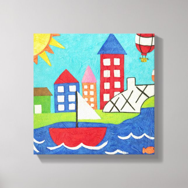 Sailboat and Hot Air Balloon with Cityscape Canvas Print (Front)