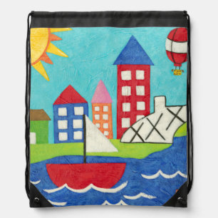 Sailboat and Hot Air Balloon with Cityscape Drawstring Bag