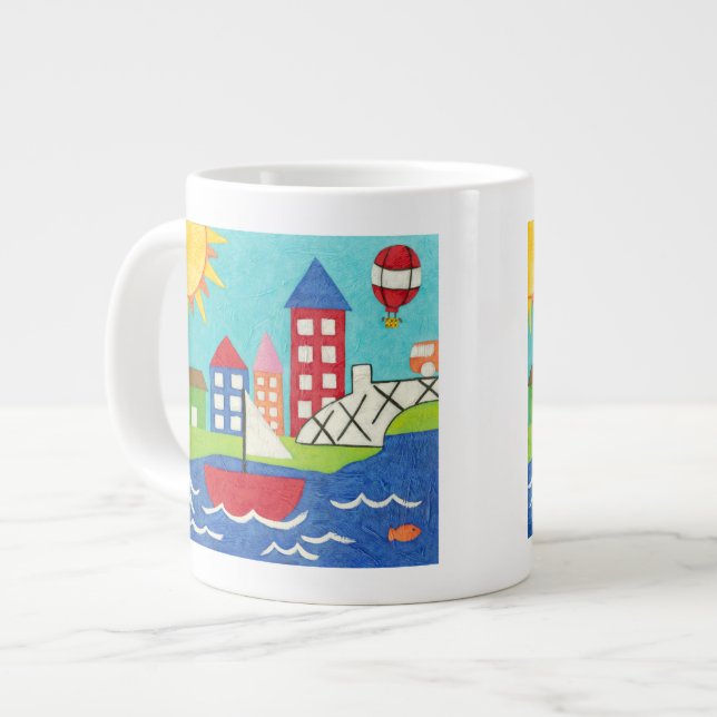 Sailboat and Hot Air Balloon with Cityscape Giant Coffee Mug (Front Left)