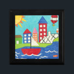 Sailboat and Hot Air Balloon with Cityscape Jewelry Box<br><div class="desc">A cityscape serves as the background for a sailboat and a hot air balloon. A bright sun shines down on the scene,  and a cute fish swims under the water. Purchase this peaceful print today!</div>
