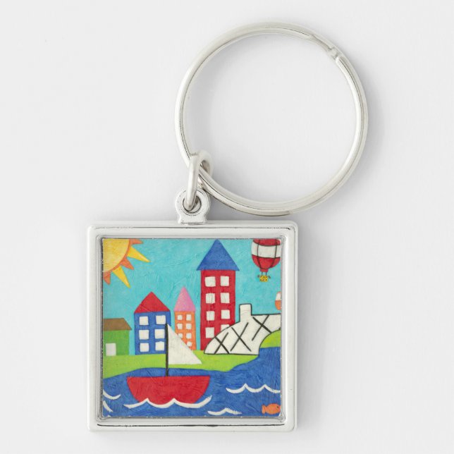 Sailboat and Hot Air Balloon with Cityscape Keychain (Front)