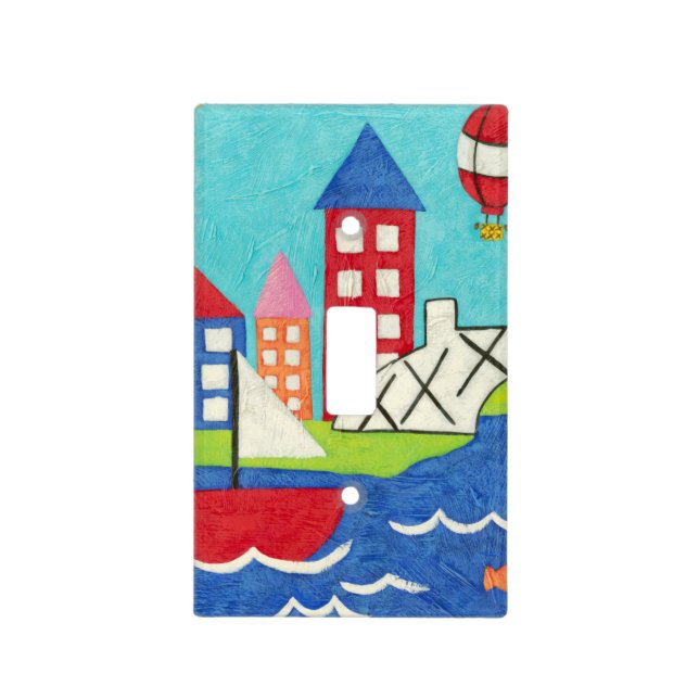 Sailboat and Hot Air Balloon with Cityscape Light Switch Cover (Front)