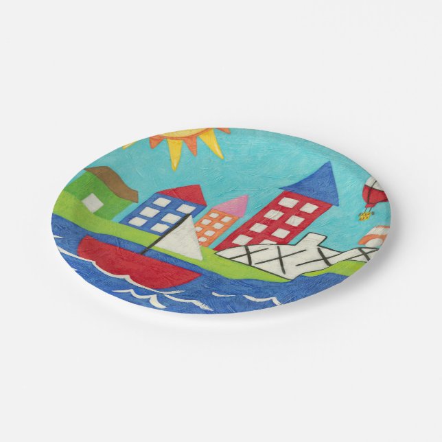 Sailboat and Hot Air Balloon with Cityscape Paper Plates (Angled)