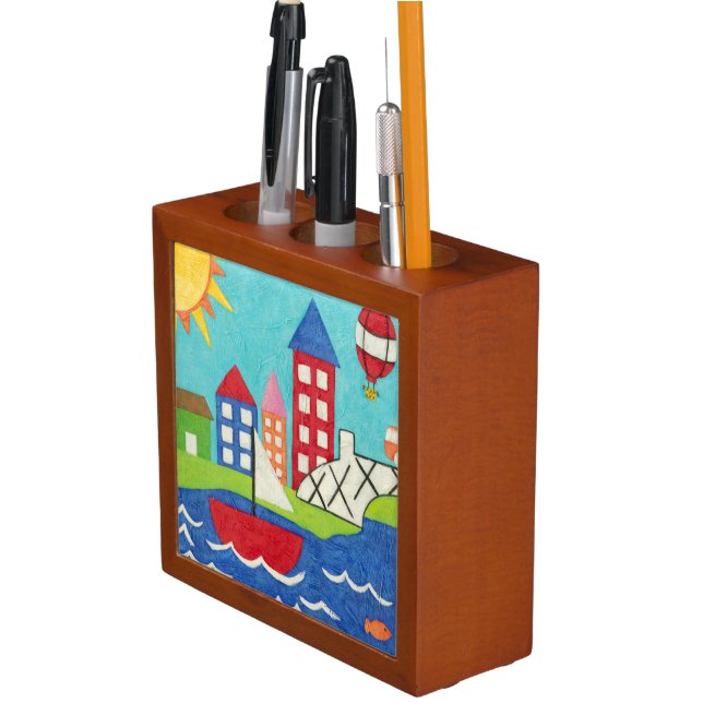Sailboat and Hot Air Balloon with Cityscape Pencil Holder (In Situ)