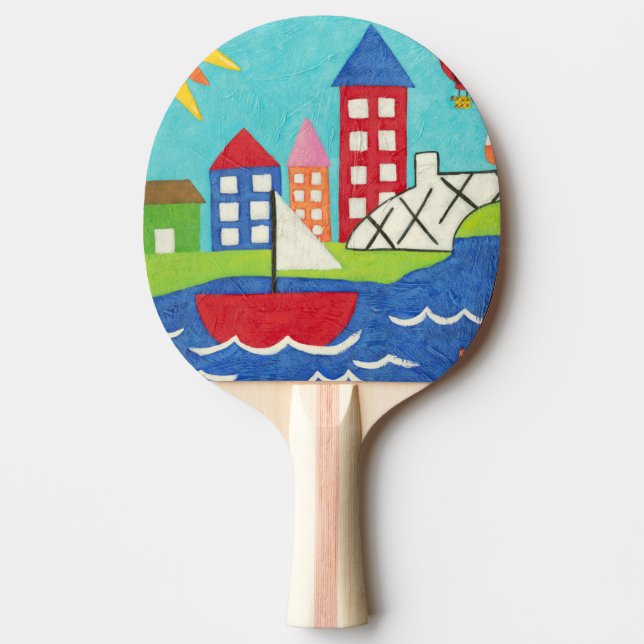 Sailboat and Hot Air Balloon with Cityscape Ping-Pong Paddle (Front)