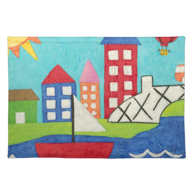 Sailboat and Hot Air Balloon with Cityscape Placemat (Front)