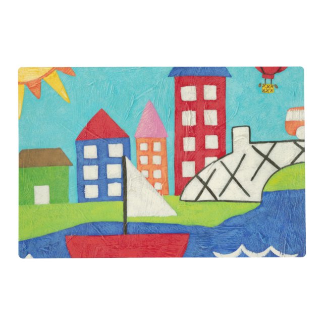 Sailboat and Hot Air Balloon with Cityscape Placemat (Front)