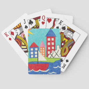 Sailboat and Hot Air Balloon with Cityscape Poker Cards