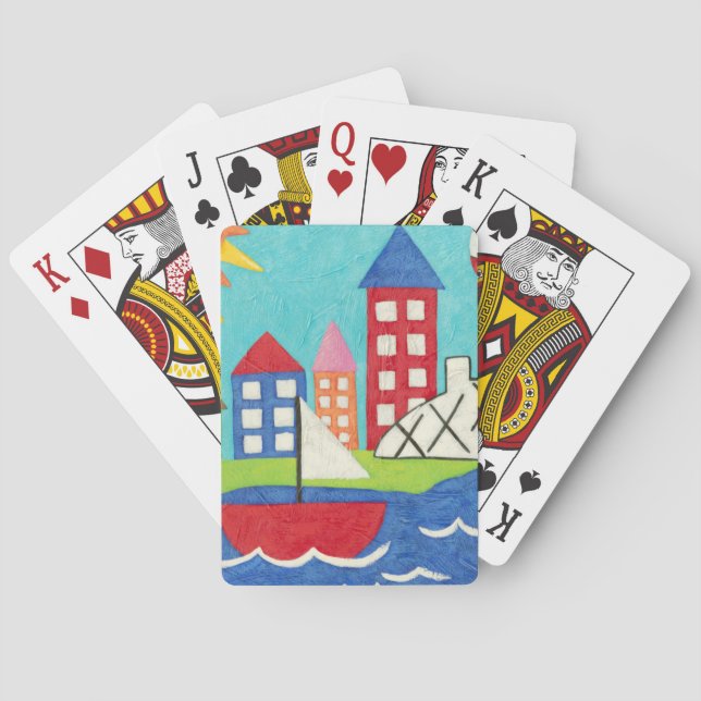 Sailboat and Hot Air Balloon with Cityscape Poker Cards (Back)