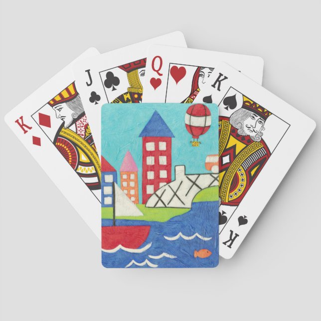 Sailboat and Hot Air Balloon with Cityscape Poker Cards (Back)