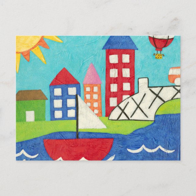 Sailboat and Hot Air Balloon with Cityscape Postcard (Front)