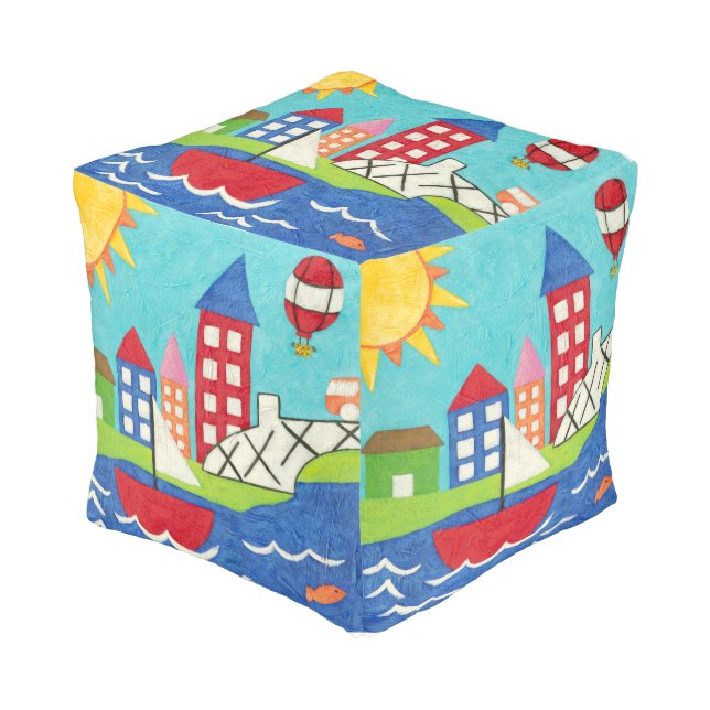 Sailboat and Hot Air Balloon with Cityscape Pouf (Angled Front)