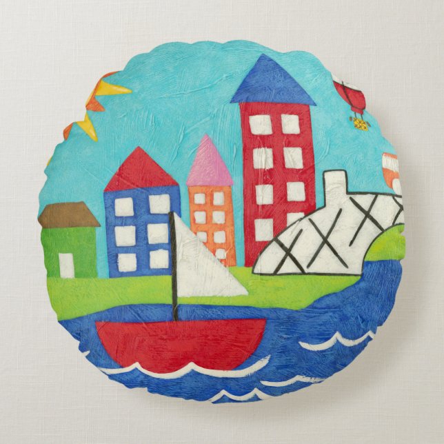 Sailboat and Hot Air Balloon with Cityscape Round Pillow (Front)