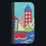 Sailboat and Hot Air Balloon with Cityscape Phone Wallet<br><div class="desc">A cityscape serves as the background for a sailboat and a hot air balloon. A bright sun shines down on the scene,  and a cute fish swims under the water. Purchase this peaceful print today!</div>