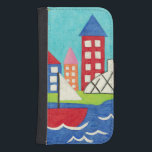 Sailboat and Hot Air Balloon with Cityscape Phone Wallet<br><div class="desc">A cityscape serves as the background for a sailboat and a hot air balloon. A bright sun shines down on the scene,  and a cute fish swims under the water. Purchase this peaceful print today!</div>