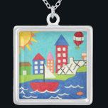 Sailboat and Hot Air Balloon with Cityscape Silver Plated Necklace<br><div class="desc">A cityscape serves as the background for a sailboat and a hot air balloon. A bright sun shines down on the scene,  and a cute fish swims under the water. Purchase this peaceful print today!</div>