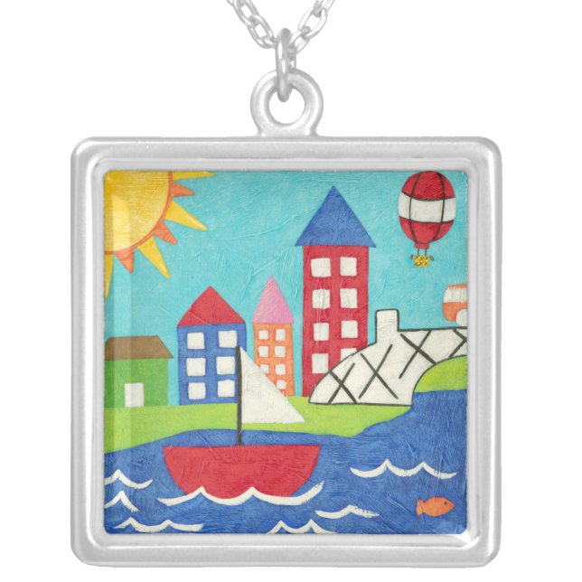 Sailboat and Hot Air Balloon with Cityscape Silver Plated Necklace (Front)