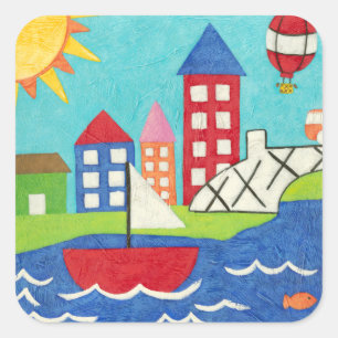 Sailboat and Hot Air Balloon with Cityscape Square Sticker