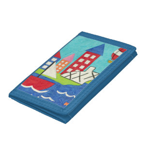 Sailboat and Hot Air Balloon with Cityscape Tri-fold Wallet