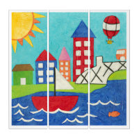 Sailboat and Hot Air Balloon with Cityscape