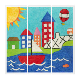 Sailboat and Hot Air Balloon with Cityscape Triptych