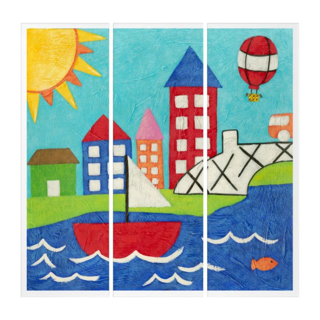 Sailboat and Hot Air Balloon with Cityscape Triptych (Front)
