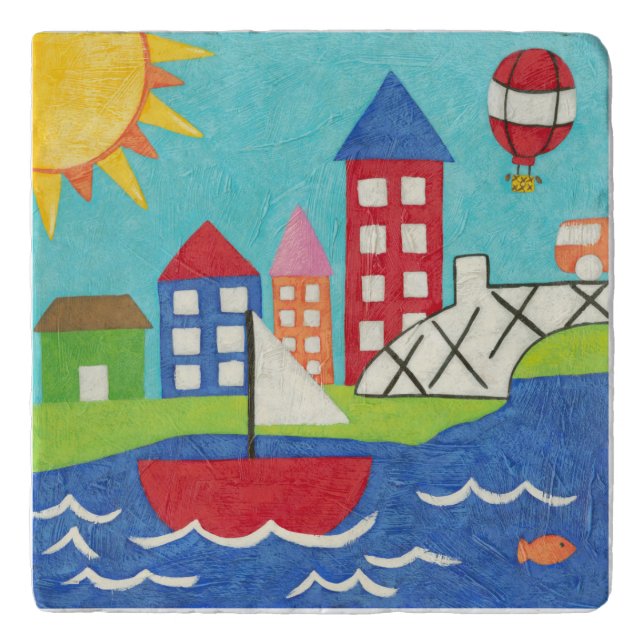 Sailboat and Hot Air Balloon with Cityscape Trivet (Front)