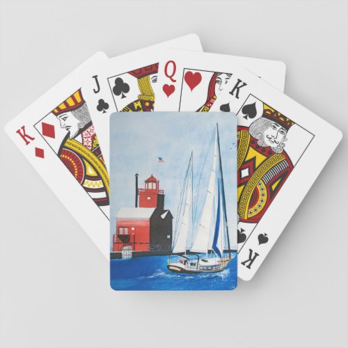 sailboat and Michigan lighthouse painting Poker Cards