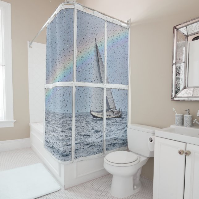 Sailboat and Rainbow in Window Shower Curtain (In Situ)