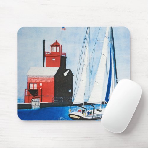 Sailboat and Red Lighthouse Watercolor Mouse Pad