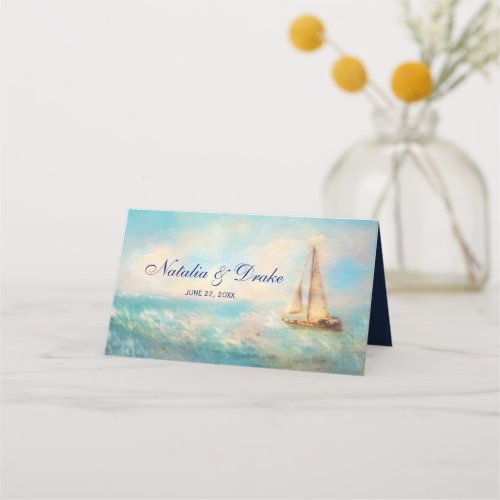 Sailboat and Sea  Navy Gold Watercolor Floral Place Card