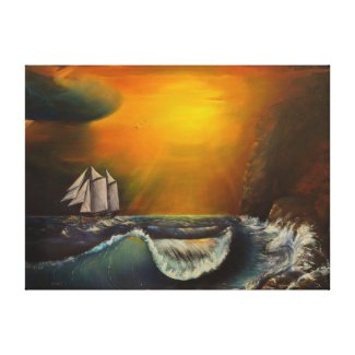 Sailboat and Sunset At The Rocky Shore