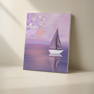 Sailboat and Swans at Sunset – Purple Canvas Wall
