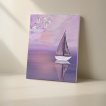 Sailboat and Swans at Sunset – Purple Canvas Wall 