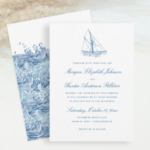 Sailboat and Waves Elegant Navy Blue Wedding Invitation