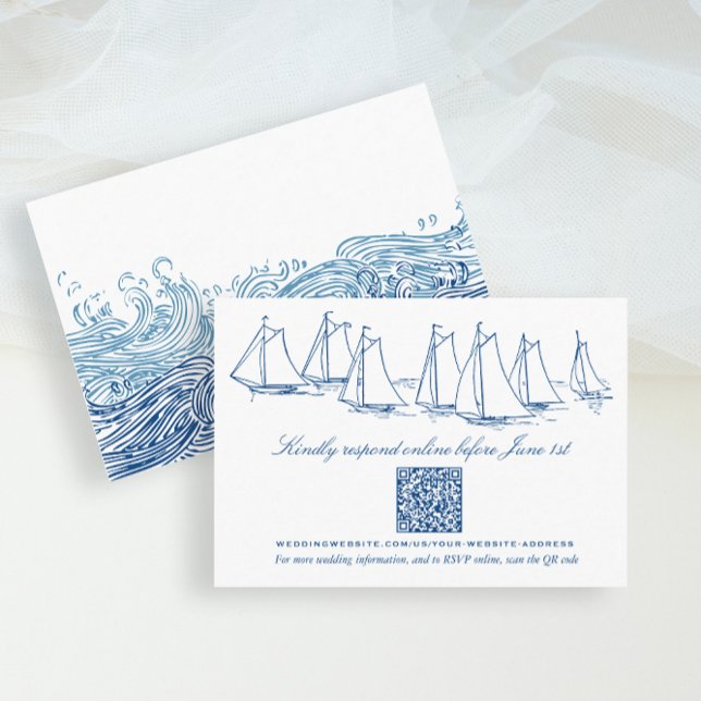 Sailboat and Waves Wedding Online RSVP QR Code Enclosure Card (Sailboat and Waves Wedding QR Code Online RSVP card for an Elegant Navy Blue Yacht Club wedding)
