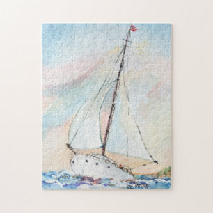 Sailboat at Sea Fine Art Watercolor Painting Jigsaw Puzzle