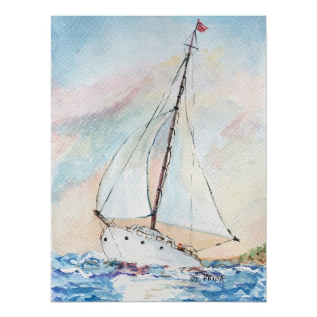Sailboat at Sea Fine Art Watercolor Painting Poster (Front)