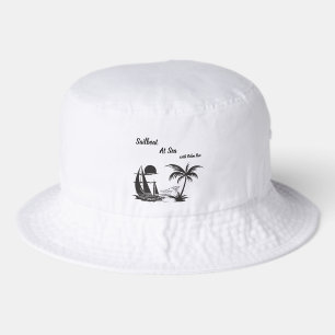 Sailboat at Sea with Palm Tree – Tropical Beach Bucket Hat