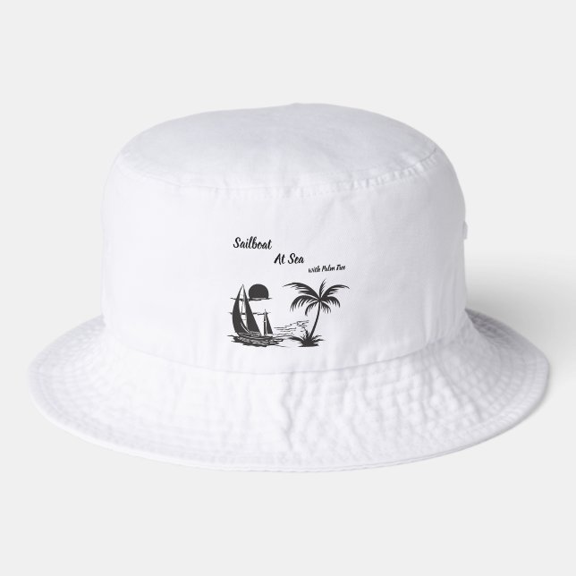 Sailboat at Sea with Palm Tree – Tropical Beach Bucket Hat (Front)