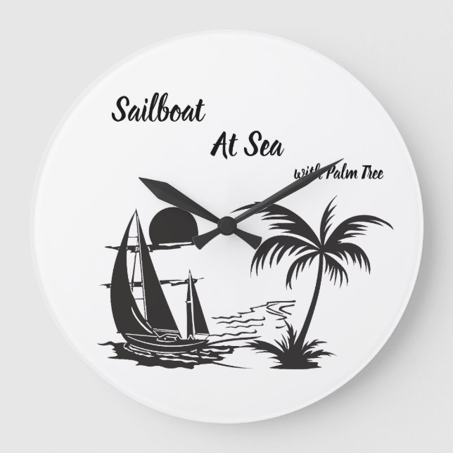 Sailboat at Sea with Palm Tree – Tropical Beach Large Clock (Front)