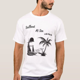 Sailboat at Sea with Palm Tree – Tropical Beach T-Shirt