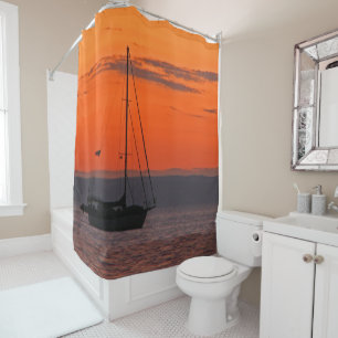 Sailboat at Sunset Orange Sky Shower Curtain