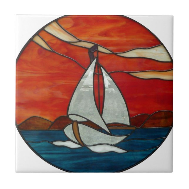 Sailboat at Sunset Stained Glass Art Design Ceramic Tile (Front)
