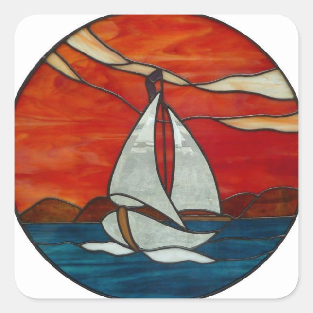 Sailboat at Sunset Stained Glass Art Design Square Sticker (Front)