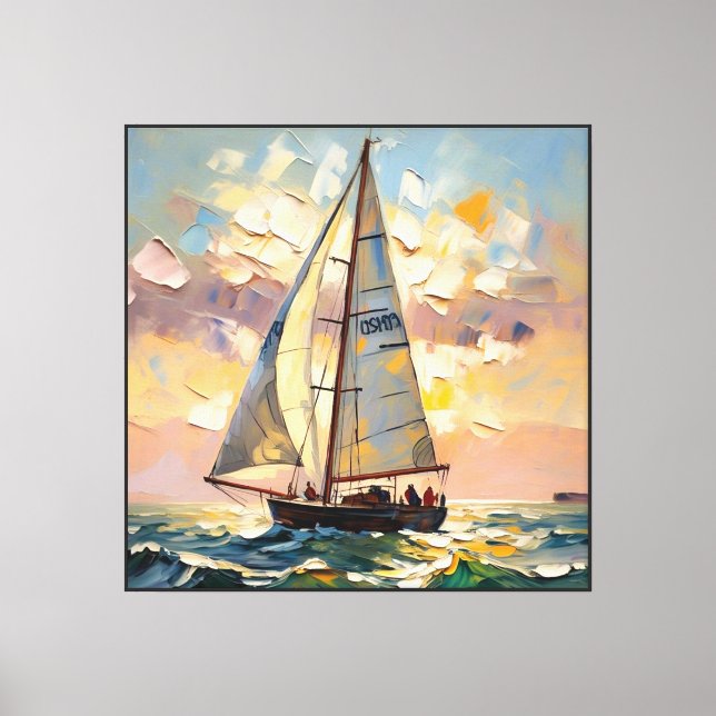 Sailboat at Sunset with Ocean Waves   Canvas Print (Front)